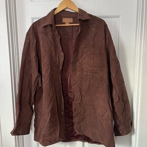 Brown polyester button up shirt - suede-like fabric. Size large